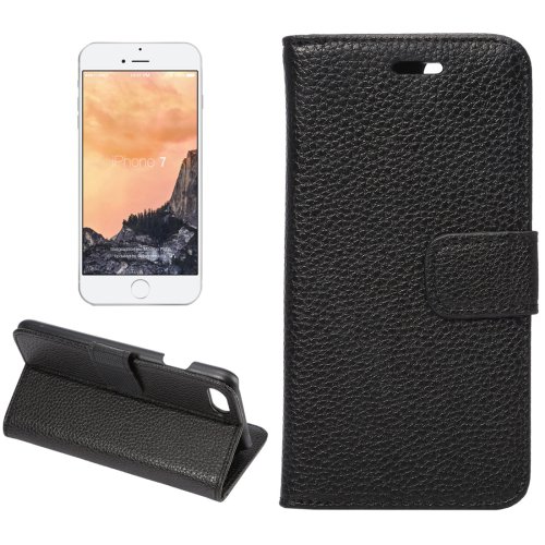 For iPhone 7 Black Lichee Leather Case with Holder, Card Slots & Wallet