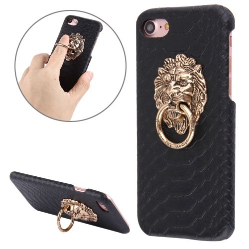 For iPhone 7 Snakeskin Paste Skin Black PC Case with Lion Head Holder