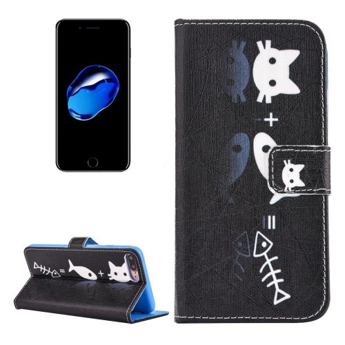 For iPhone 7 Plus Cat & Fish PU Leather Case with Holder, CB Slots & Wallet