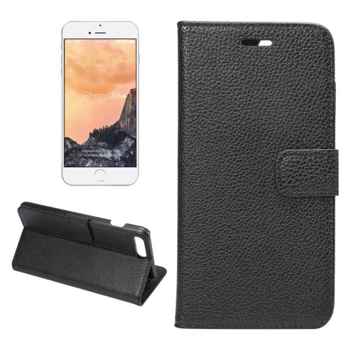 For iPhone 7 Plus Black Litchi Leather Case with Holder, Card Slots & Wallet
