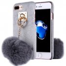 For iPhone 7 Plus Plush Cloth Cover PC Grey Case & Furry Ball Chain Pendant