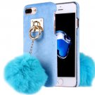 For iPhone 7 Plus Plush Cloth Cover PC Blue Case & Furry Ball Chain Pendant