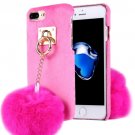 For iPhone 7 Plus Plush Cloth Cover PC Magenta Case & Furry Ball Chain Pendant