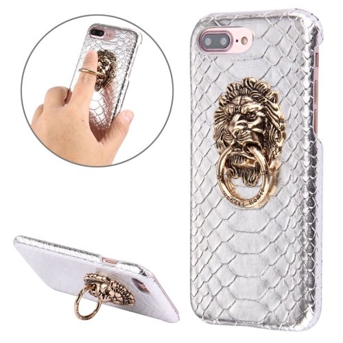 For iPhone 7 Plus Snakeskin Paste Skin PC Silver Case with Lion Head Holder
