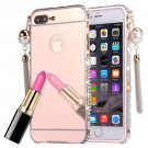 For iPhone 7 Plus Rose Gold Pearl Chain Pendant Diamond Electroplating Mirror Case