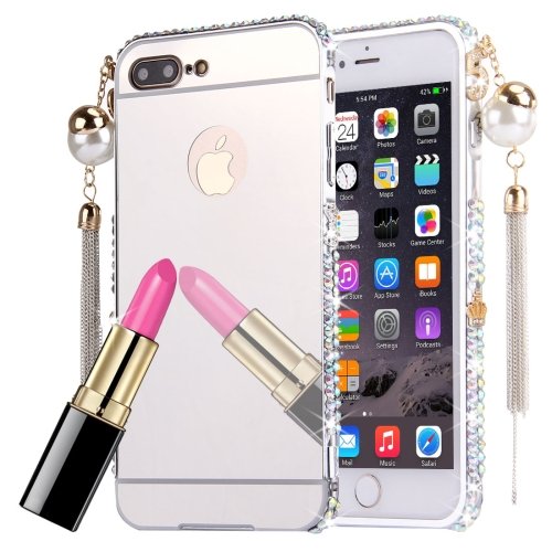 For iPhone 7 Plus Silver Pearl Chain Pendant Diamond Electroplating Mirror Case
