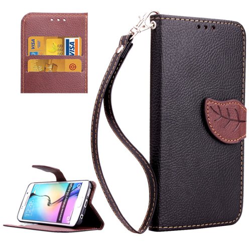 For Galaxy S6 Edge Black Leaf Leather Case with Card Slots, Holder & Lanyard
