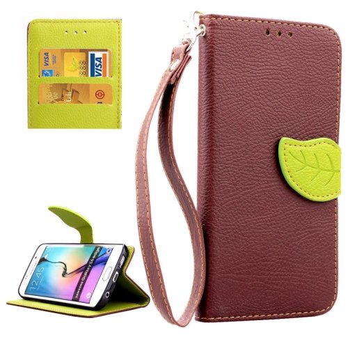 For Galaxy S6 Edge Brown Leaf Leather Case with Card Slots, Holder & Lanyard