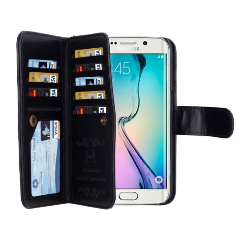 For Galaxy S6 Edge Black Wallet Leather Case with 9 Card Slots & Lanyard