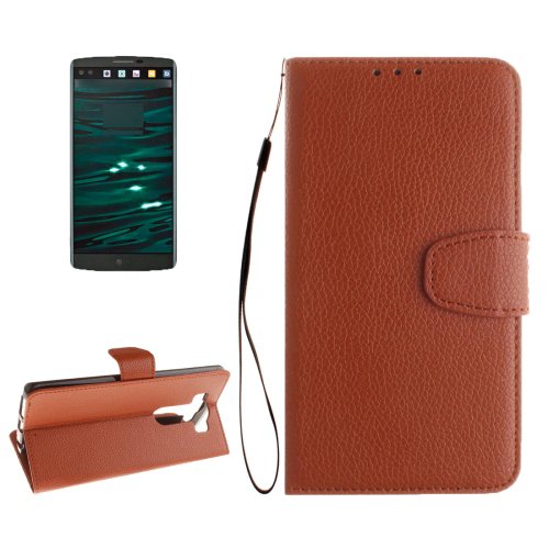 For LG V10 Brown Litchi PU Leather Case with Holder, Card Slots & Wallet
