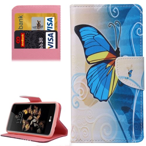 For LG K8 Blue Butterfly Pattern Leather Case with Holder, Card Slots & Wallet
