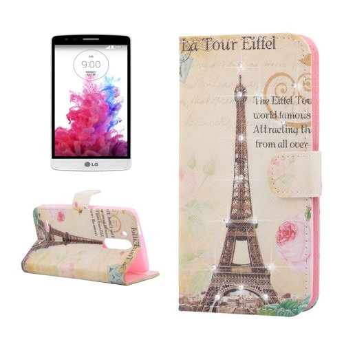 For LG G3 mini Eiffel Diamond Leather Case with Holder, Card Slots & Wallet