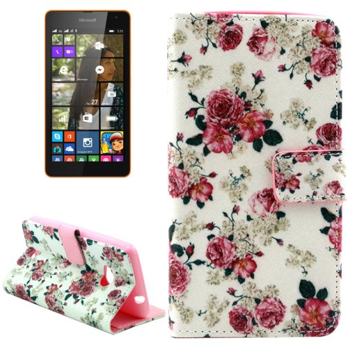For Lumia 535 Rose Pattern Leather Case with Holder, Card Slots & Wallet