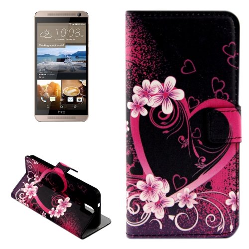 For HTC One E9+ Heart Pattern Leather Case with Holder, Card Slots & Wallet