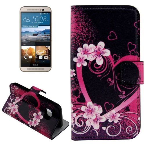 For HTC One M9 Heart Pattern Leather Case with Holder, Card Slots & Wallet
