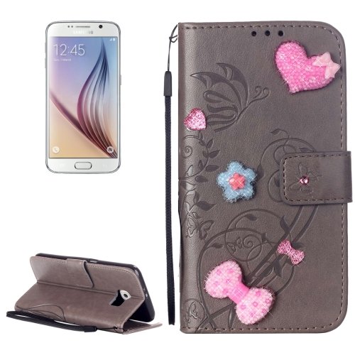 For Galaxy S6 Heart Diamond Grey Leather Case with Holder, Card Slots & Wallet