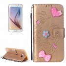 For Galaxy S6 Heart Diamond Gold Leather Case with Holder, Card Slots & Wallet