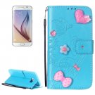 For Galaxy S6 Heart Diamond Blue Leather Case with Holder, Card Slots & Wallet