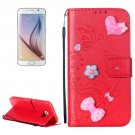 For Galaxy S6 Heart Diamond Red Leather Case with Holder, Card Slots & Wallet
