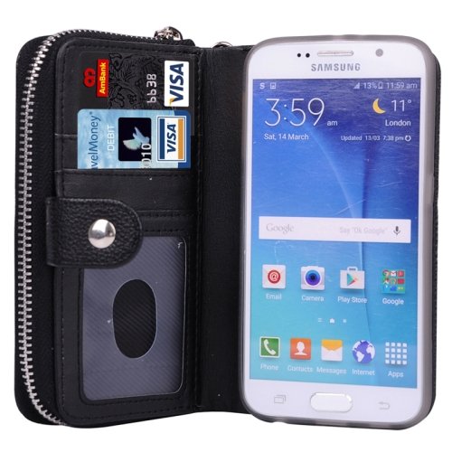 For Galaxy S6 Black Separable Leather Case with Zipper, Card Slots & Lanyard