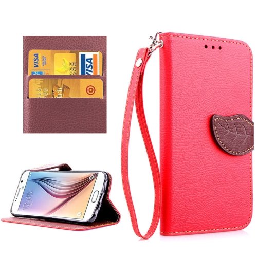 For Galaxy S6 Red Litchi Leaf Leather Case with Holder, Card Slots & Lanyard