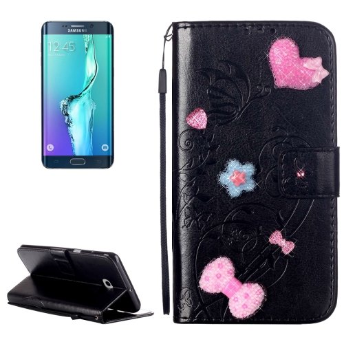 For Galaxy S6 Edge+ Black Diamond Leather Case with Holder, Card Slots & Wallet