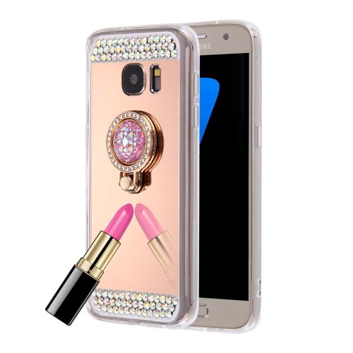 For Galaxy S6 Edge+ Rose Electroplating Mirror Cover Case with Hidden Ring Holder