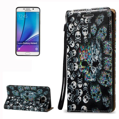 For Galaxy Note 5 Skull Pattern Leather Case with Holder, Card Slots & Lanyard