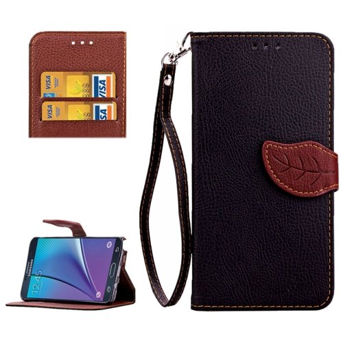 For Galaxy Note 5 Black Leaf Leather Case with Card Slots, Holder & Wallet