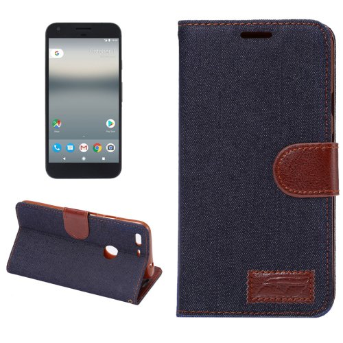 For Google Pixel XL Black Denim Leather Case with Holder & Card Slots
