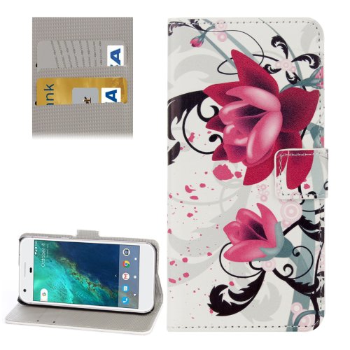 For Google Pixel Lotus Pattern Leather Case with Holder, Card Slots & Wallet