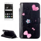For Huawei P9 Black Flowers Leather Case with Holder, Card Slots & Wallet