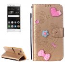 For Huawei P9 Gold Flowers Leather Case with Holder, Card Slots & Wallet