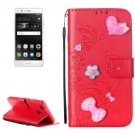 For Huawei P9 Red Flowers Leather Case with Holder, Card Slots & Wallet