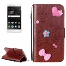 For Huawei P9 Brown Flowers Leather Case with Holder, Card Slots & Wallet