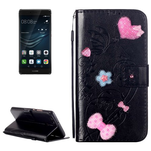 For Huawei P9 Plus Black Flowers Leather Case with Holder, Card Slots & Wallet
