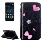 For Huawei P9 Plus Black Flowers Leather Case with Holder, Card Slots & Wallet