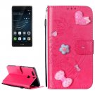 For Huawei P9 Plus Magenta Flowers Leather Case with Holder, Card Slots & Wallet