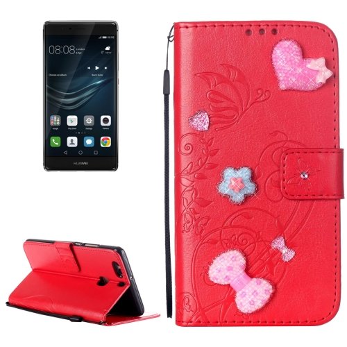 For Huawei P9 Plus Red Flowers Leather Case with Holder, Card Slots & Wallet