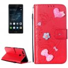 For Huawei P9 Plus Red Flowers Leather Case with Holder, Card Slots & Wallet