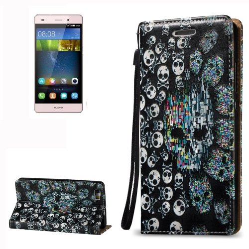 For Huawei P8 Lite 3D Skull Leather Case with Holder, Card Slots & Lanyard