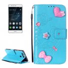 For Huawei P9 Blue Heart Leather Case with Holder, Card Slots & Wallet