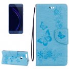 For Honor 8 Blue Butterflies Leather Case with Holder, Card Slots & Wallet