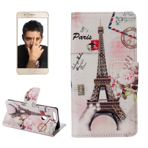 For Honor 8 Eiffel Pattern Leather Case with Holder, Card Slots & Wallet