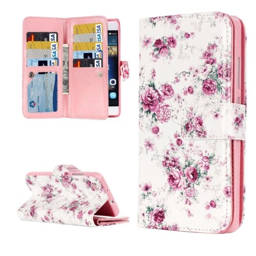 For Huawei P8 Lite Rose Pattern Leather Case with 9 Card Slots, Wallet & Holder
