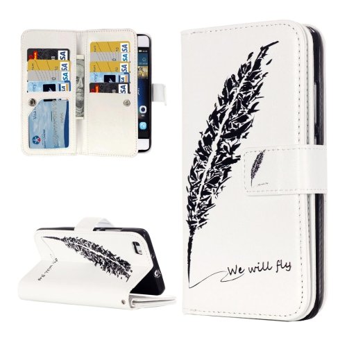 For Huawei P8 Lite Feather Pattern Leather Case with 9 Card Slots, Wallet & Holder