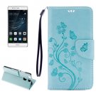 For Huawei P9 Butterflies Baby Blue Leather Case with Holder, Card Slots & Wallet
