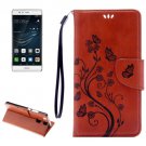 For Huawei P9 Butterflies Brown Leather Case with Holder, Card Slots & Wallet