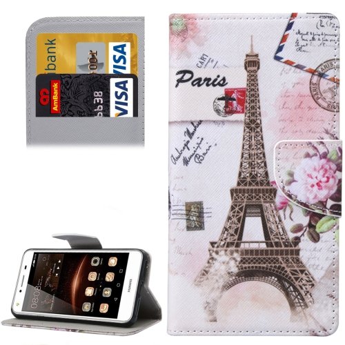 For Huawei Y5 II Eiffel Pattern Leather Case with Holder, Card Slots & Wallet