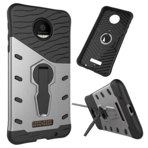 For Moto Z Force Silver Spin Tough Armor TPU + PC Rotating Case with Holder